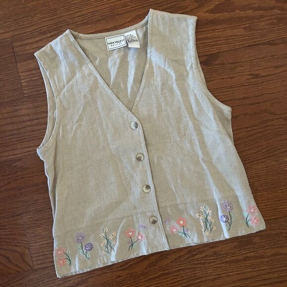 Vintage 90s Linen Blend Vest Embroidered Flowers Size Small Petite Cottagecore - Picture 11 of 11